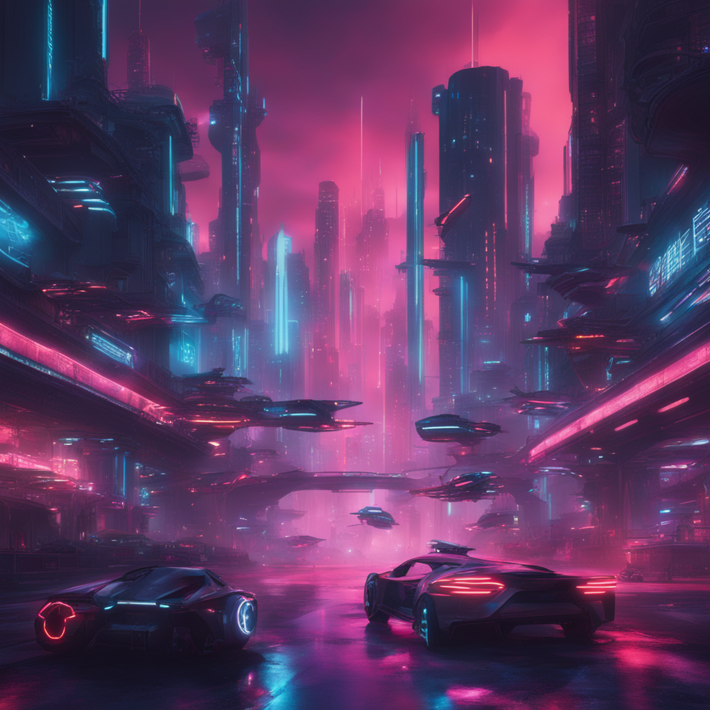Futuristic cyberpunk city at night with neon lights and flying cars