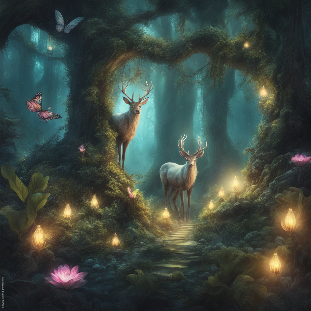 Enchanted forest with magical creatures and glowing plants, fantasy art
