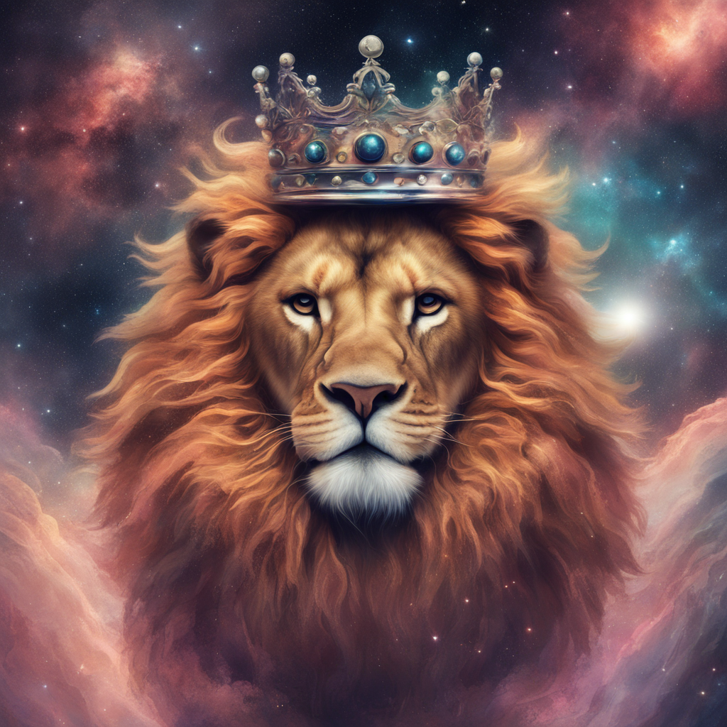 A majestic lion wearing a crown in a cosmic landscape, digital art